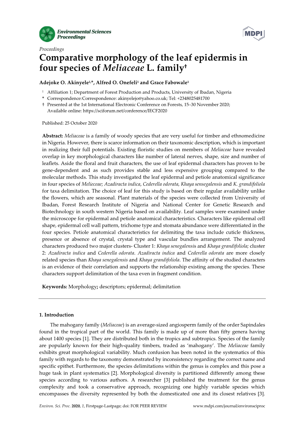 Comparative Morphology of the Leaf Epidermis in Four Species of Meliaceae L