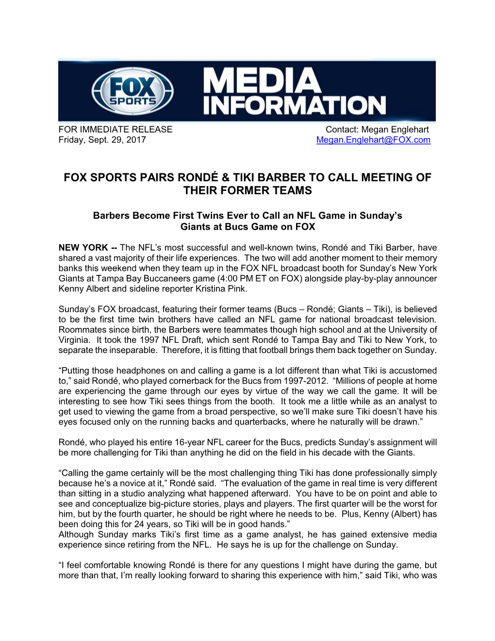 FOX Sports Pairs Rondé & Tiki Barber to Call Meeting of Their Former Teams