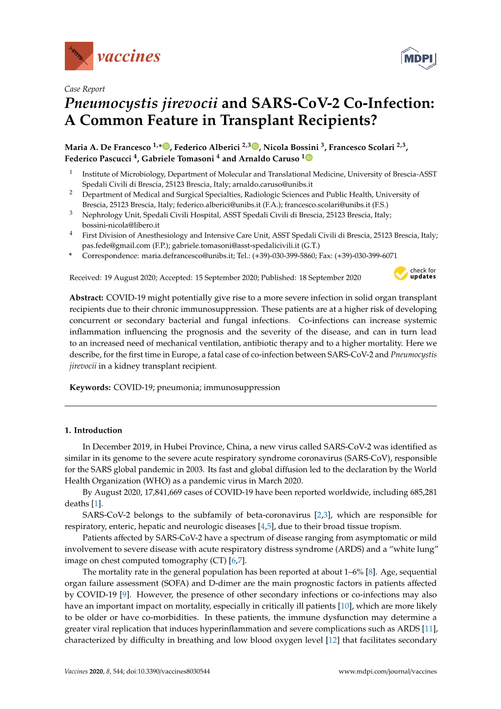 Pneumocystis Jirevocii and SARS-Cov-2 Co-Infection: a Common Feature in Transplant Recipients?