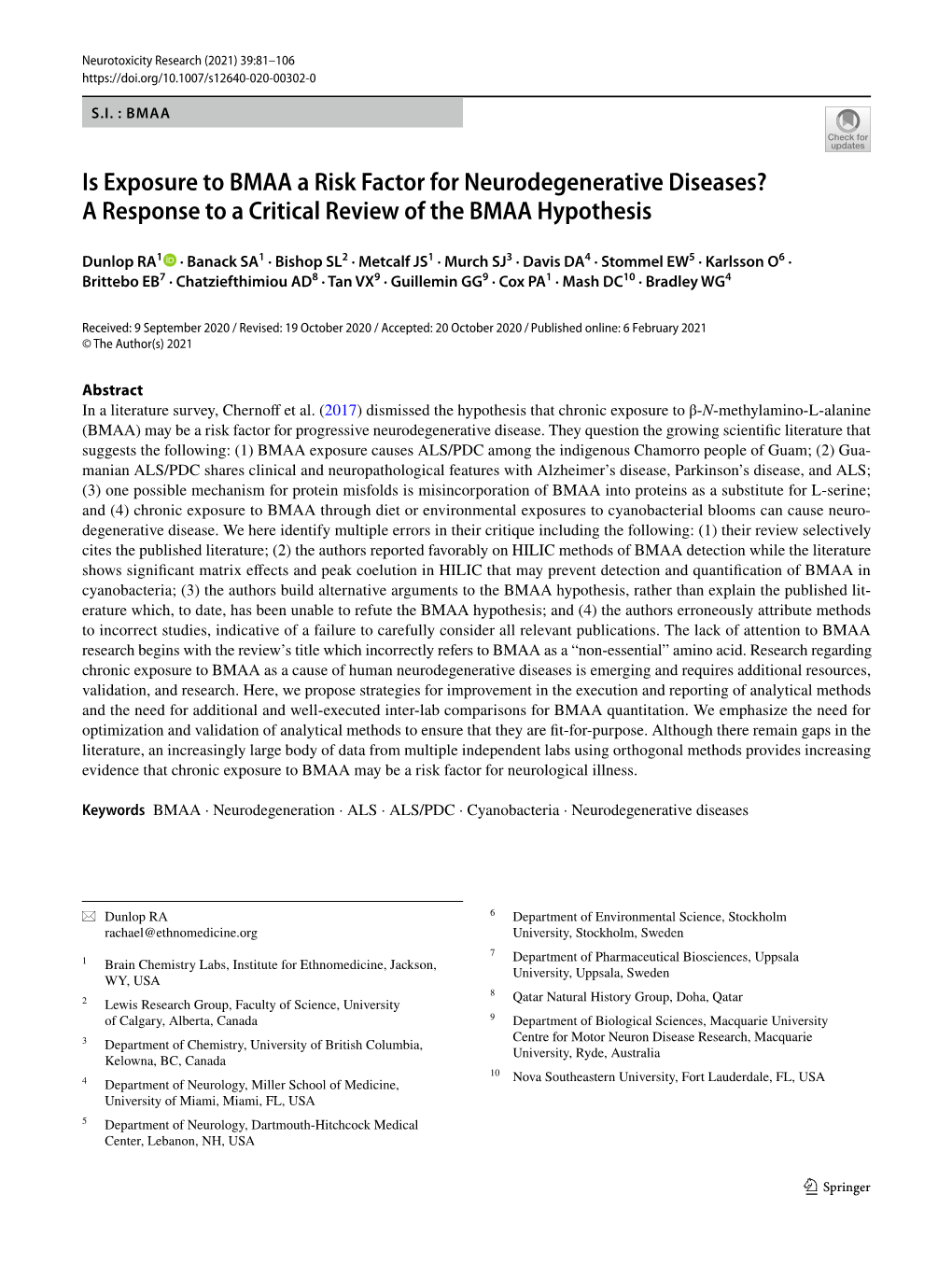 Is Exposure to BMAA a Risk Factor for Neurodegenerative Diseases? a Response to a Critical Review of the BMAA Hypothesis