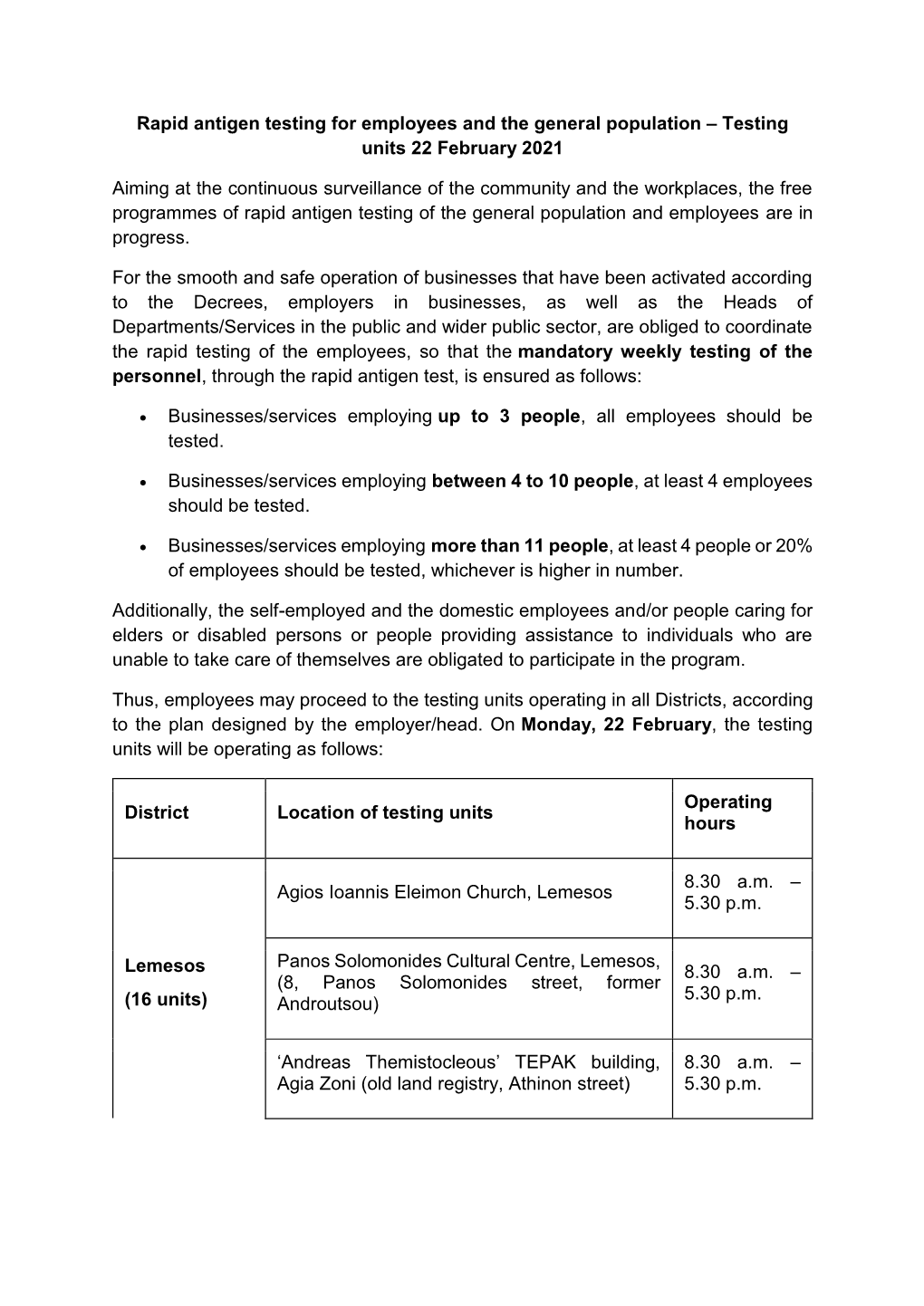 Rapid Antigen Testing for Employees and the General Population – Testing Units 22 February 2021