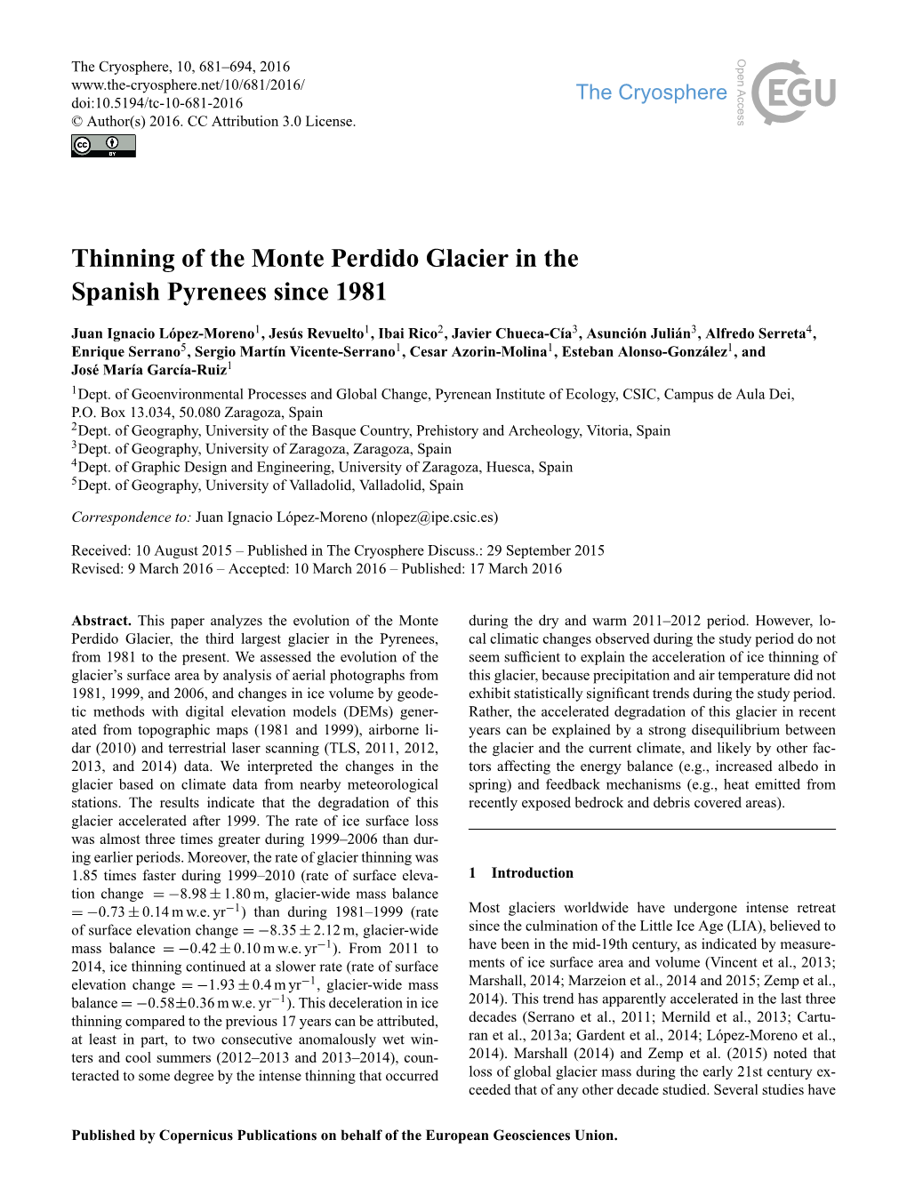 Thinning of the Monte Perdido Glacier in the Spanish Pyrenees Since 1981
