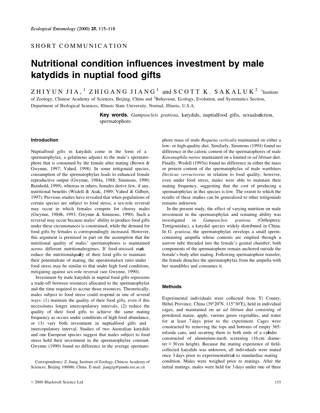 Nutritional Condition Influences Investment by Male Katydids In