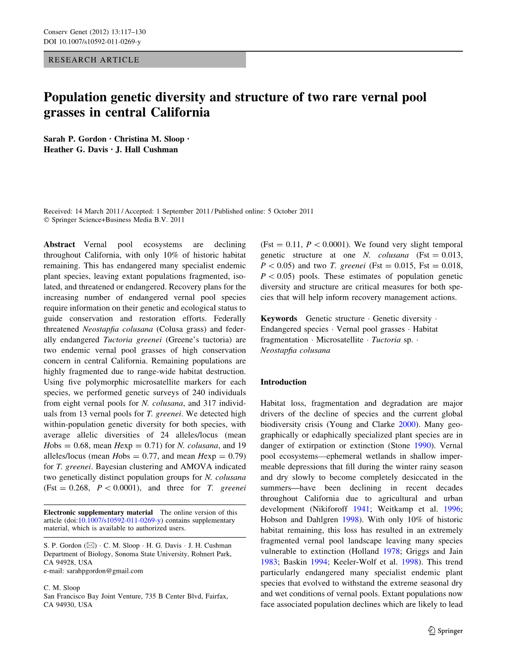 Population Genetic Diversity and Structure of Two Rare Vernal Pool Grasses in Central California