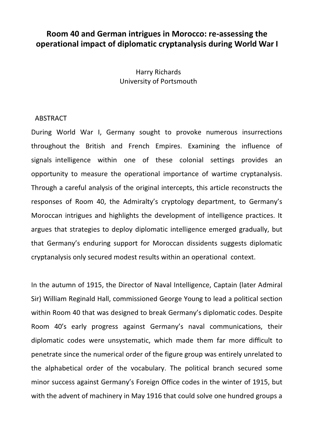 Room 40 and German Intrigues in Morocco: Re-Assessing the Operational Impact of Diplomatic Cryptanalysis During World War I