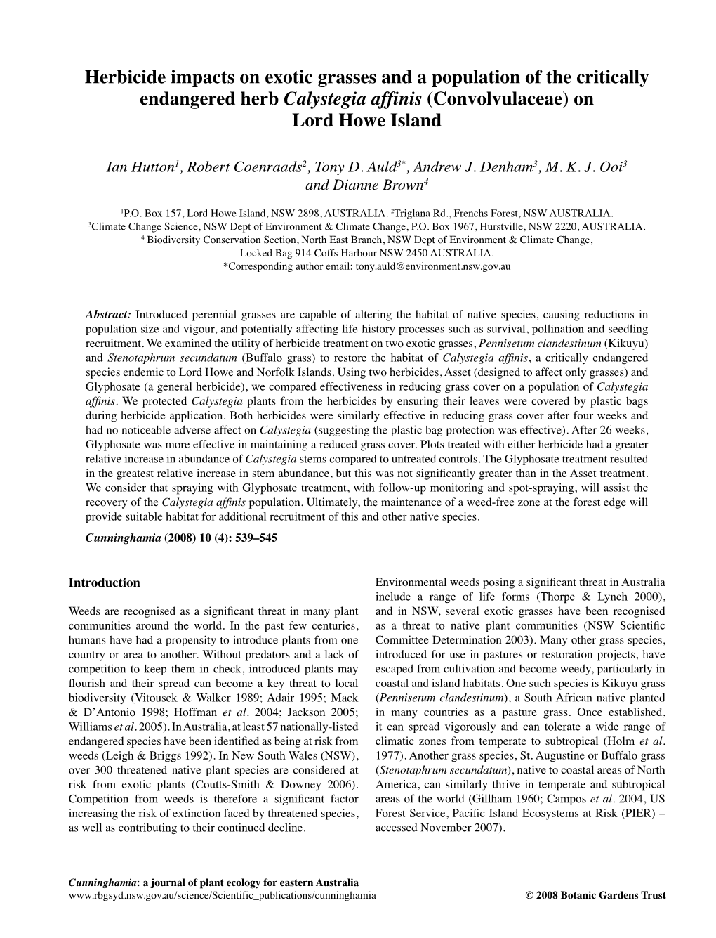 Herbicide Impacts on Exotic Grasses and a Population of the Critically Endangered Herb Calystegia Affinis (Convolvulaceae) on Lord Howe Island