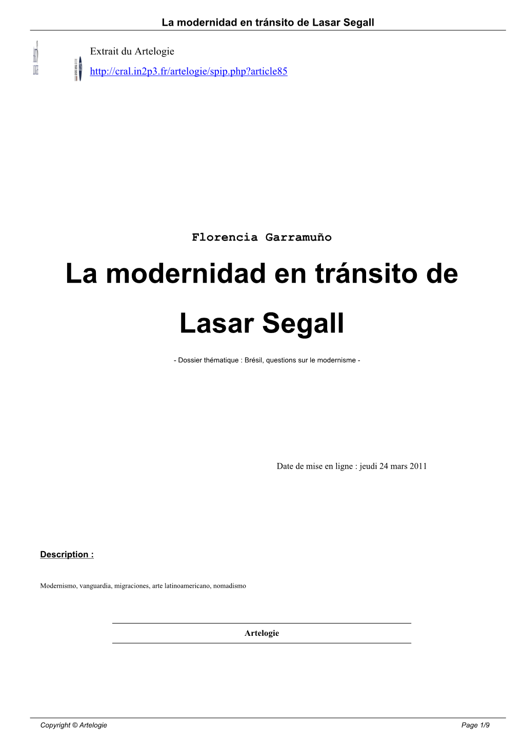 La Modernidad En Tránsito De Lasar Segall