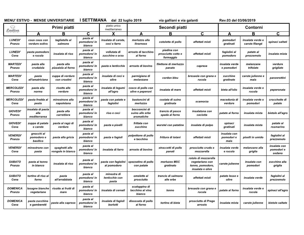 Menu FG Dal 22 Luglio 2019 Via Galliani E Galanti