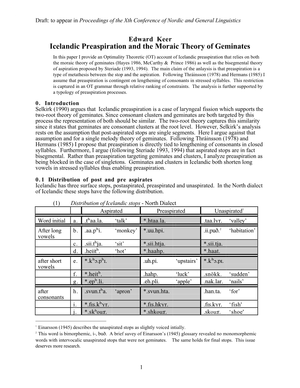 Icelandic Preaspiration and the Moraic Theory of Geminates