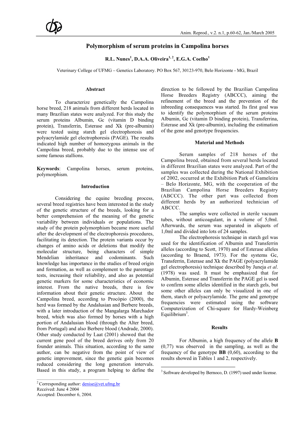 Polymorphism of Serum Proteins in Campolina Horses