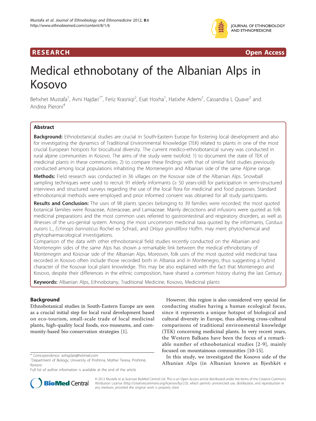 Medical Ethnobotany of the Albanian Alps in Kosovo