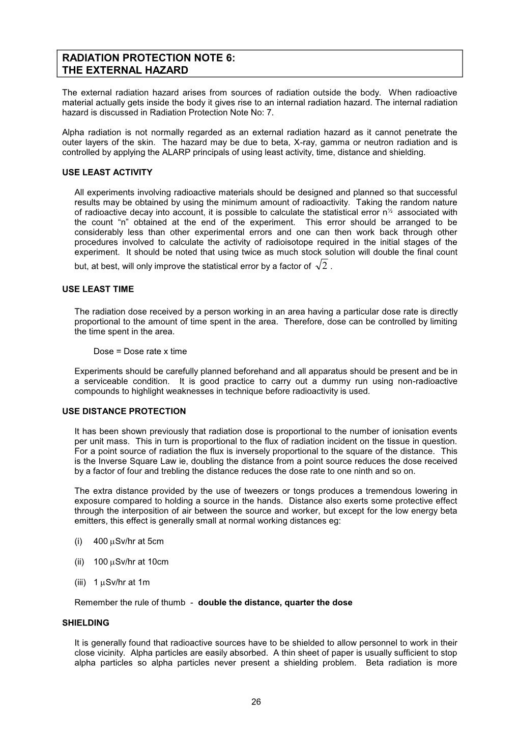 Radiation Protection Note No 6 : the External Hazard