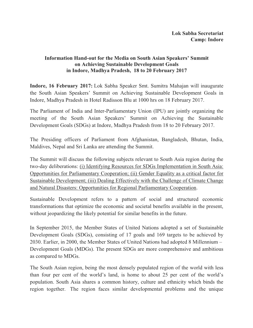 Lok Sabha Secretariat Camp: Indore Information Hand-Out for the Media
