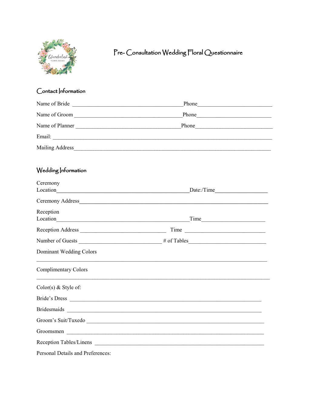 Pre- Consultation Wedding Floral Questionnaire