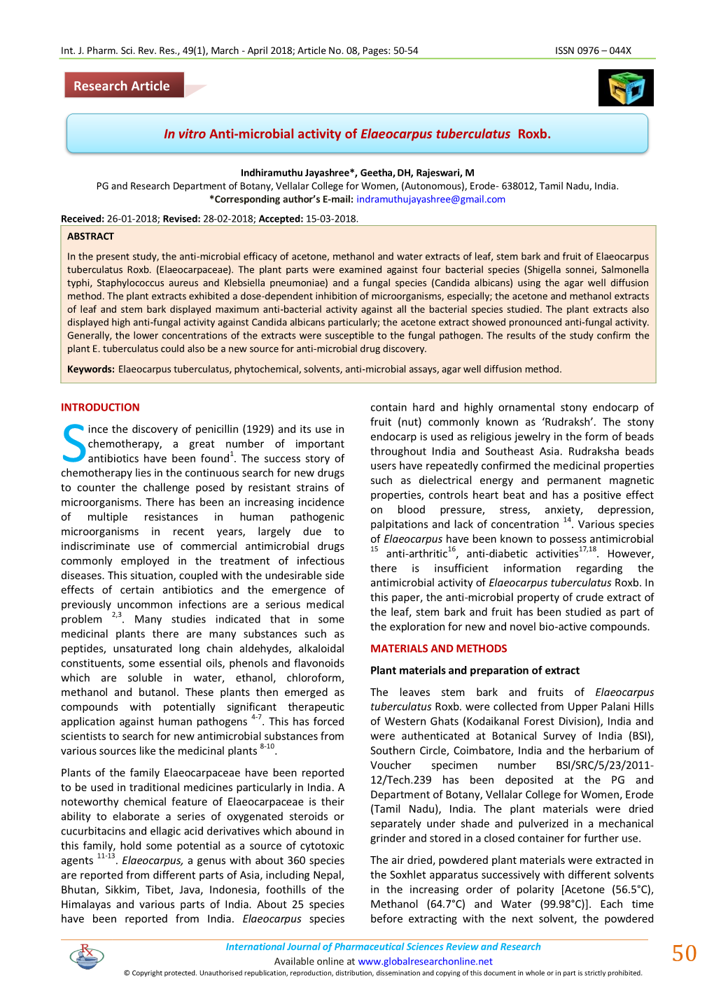 In Vitro Anti-Microbial Activity of Elaeocarpus Tuberculatus Roxb