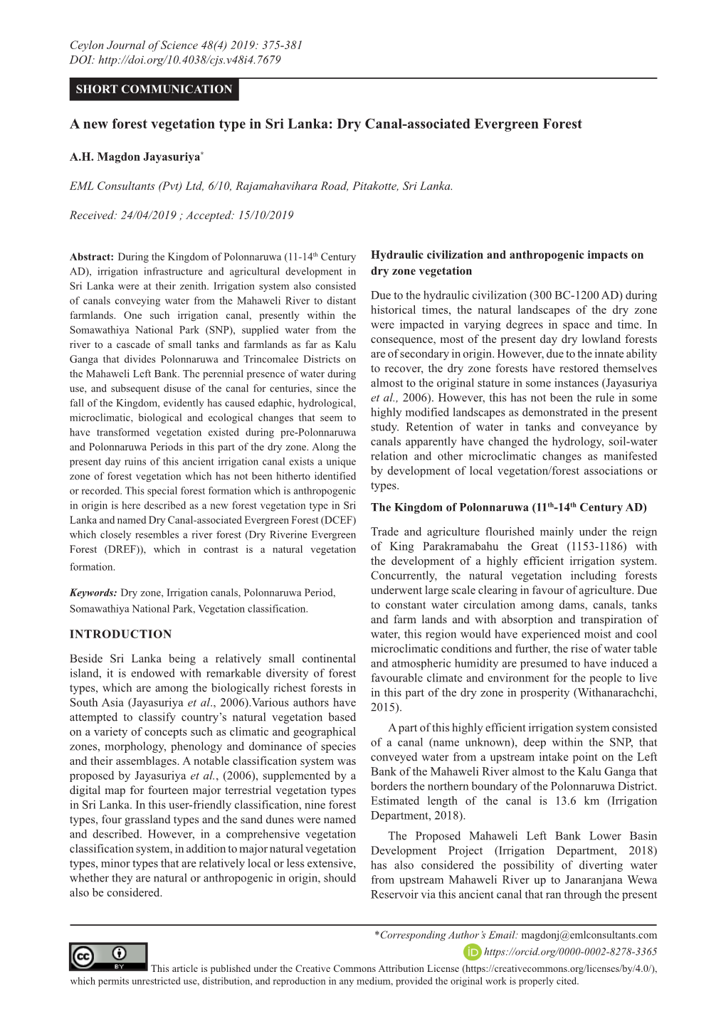 A New Forest Vegetation Type in Sri Lanka: Dry Canal-Associated Evergreen Forest