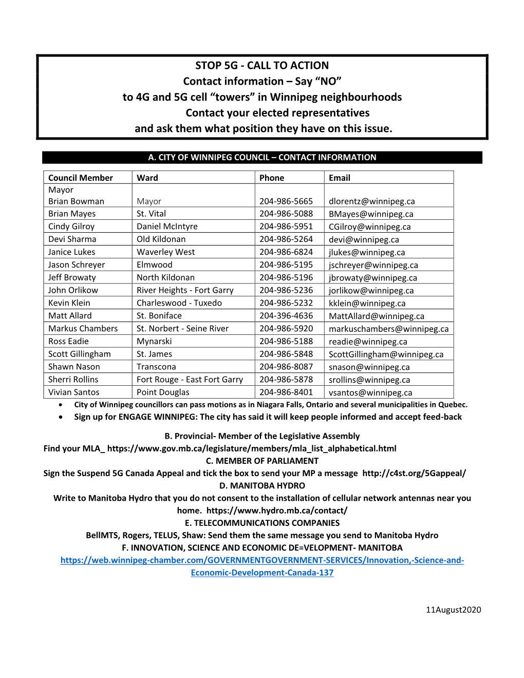 To 4G and 5G Cell “Towers” in Winnipeg Neighbourhoods Contact Your Elected Representatives and Ask Them What Position They Have on This Issue