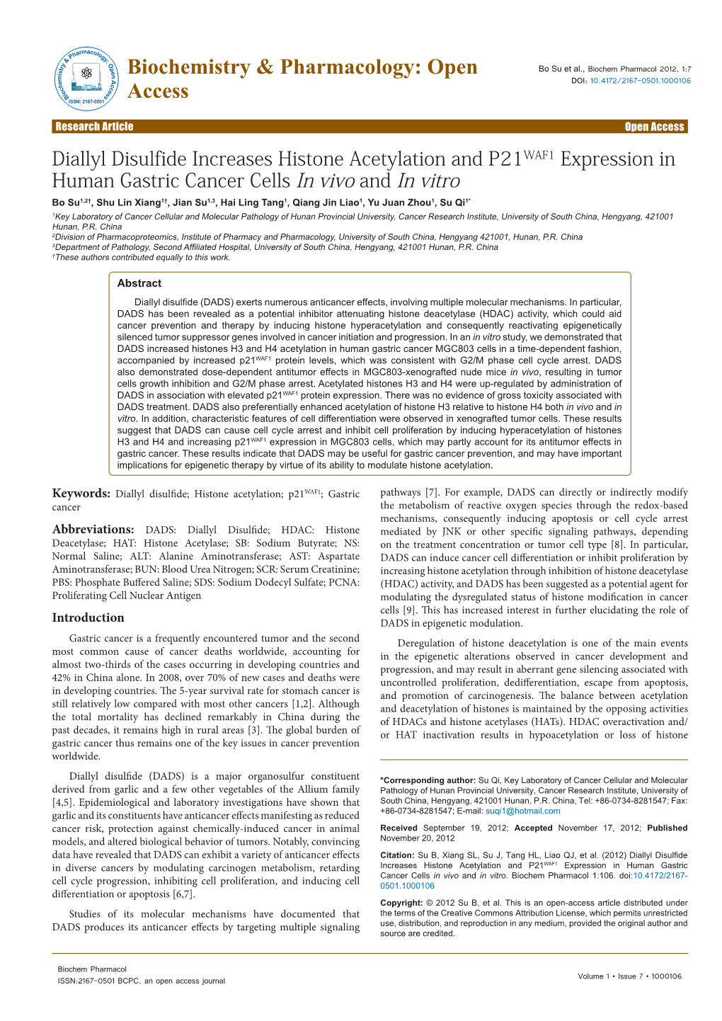 Diallyl Disulfide Increases Histone Acetylation and P21 WAF1