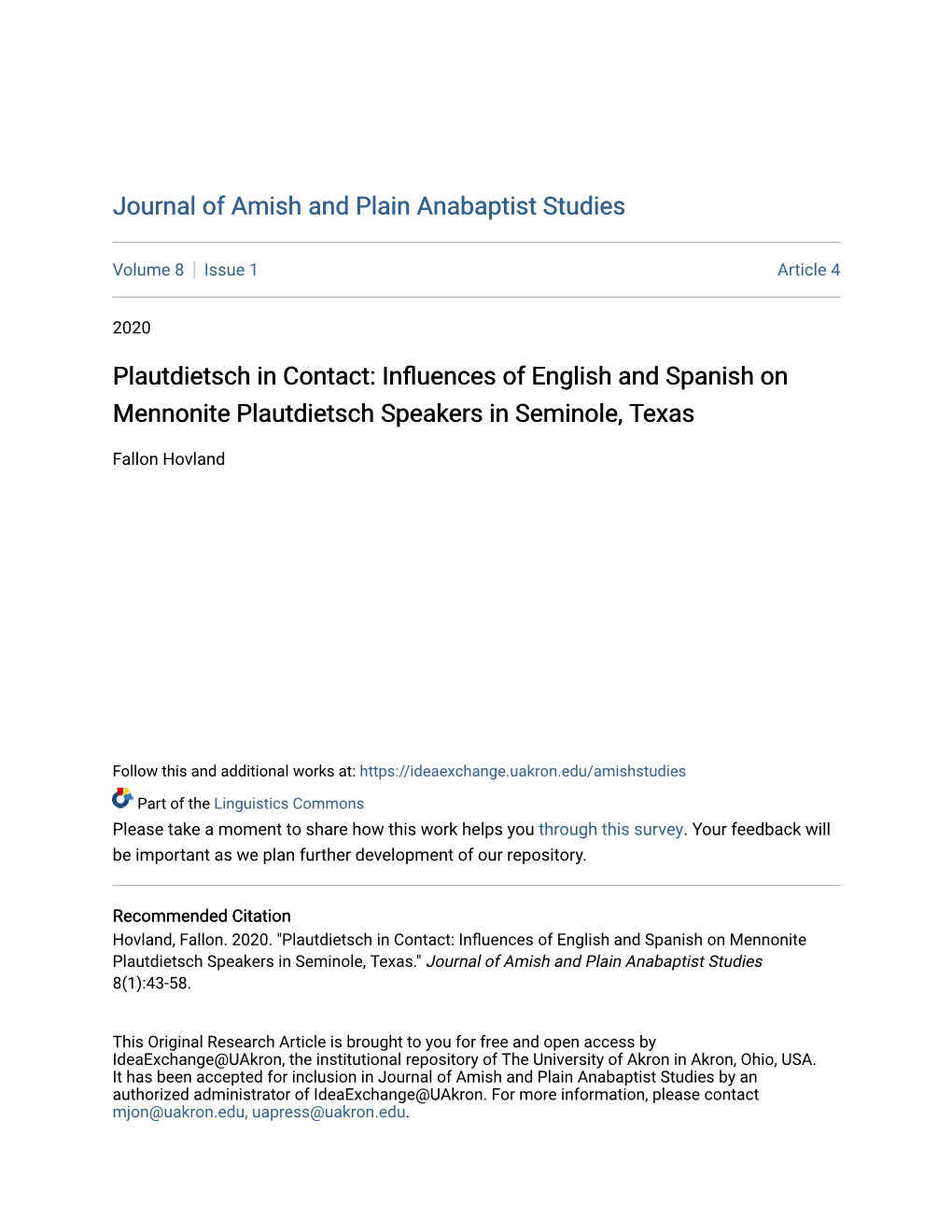 Influences of English and Spanish on Mennonite Plautdietsch Speakers in Seminole, Texas