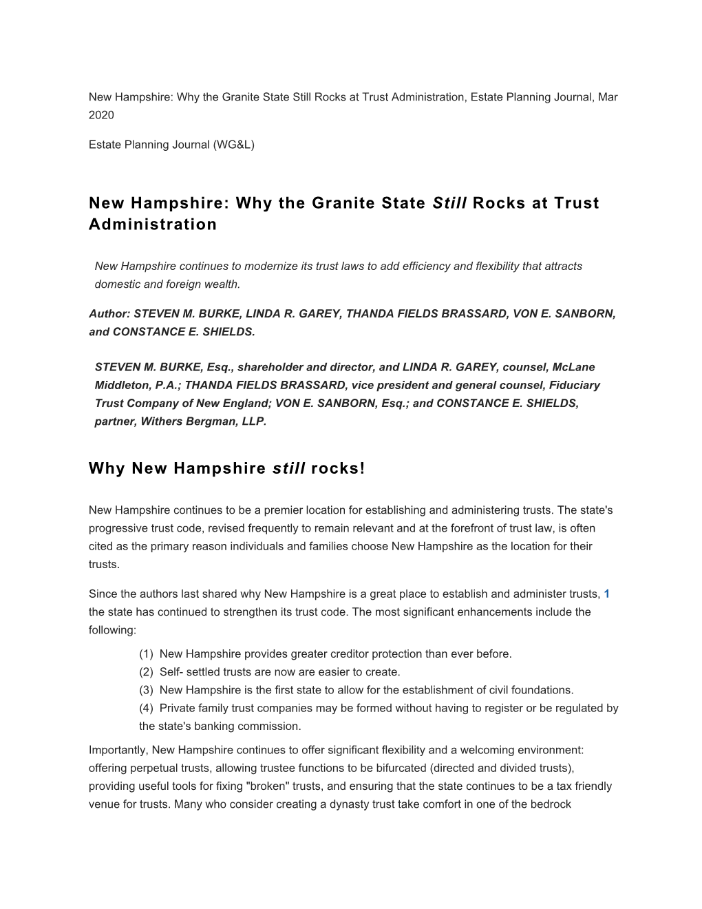 New Hampshire: Why the Granite State Still Rocks at Trust Administration, Estate Planning Journal, Mar 2020