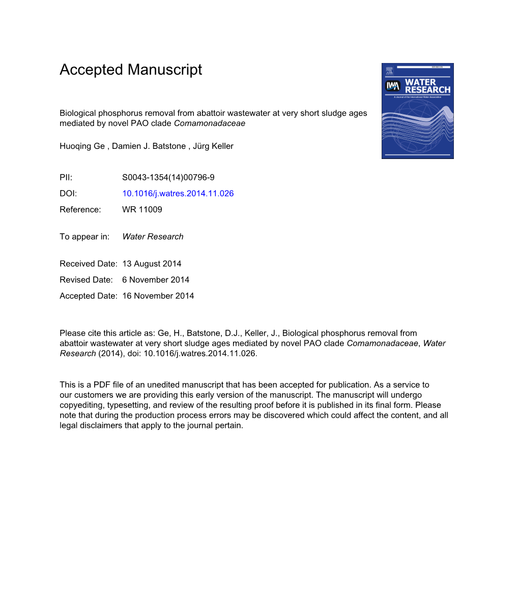 Biological Phosphorus Removal from Abattoir Wastewater at Very Short Sludge Ages Mediated by Novel PAO Clade Comamonadaceae