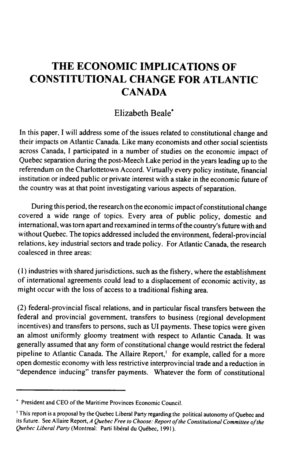 The Economic Implications of Constitutional Change for Atlantic Canada