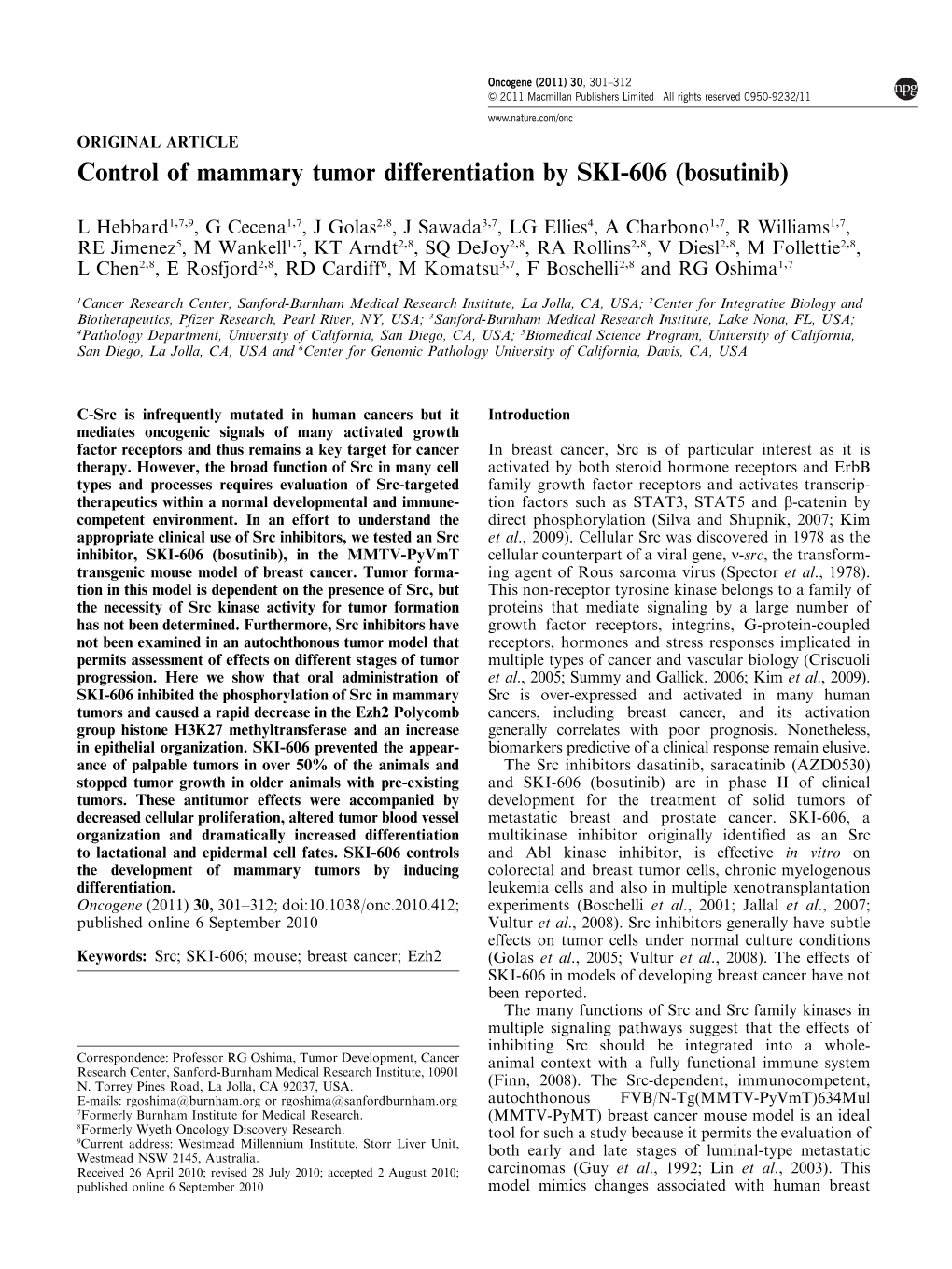 Control of Mammary Tumor Differentiation by SKI-606 (Bosutinib)