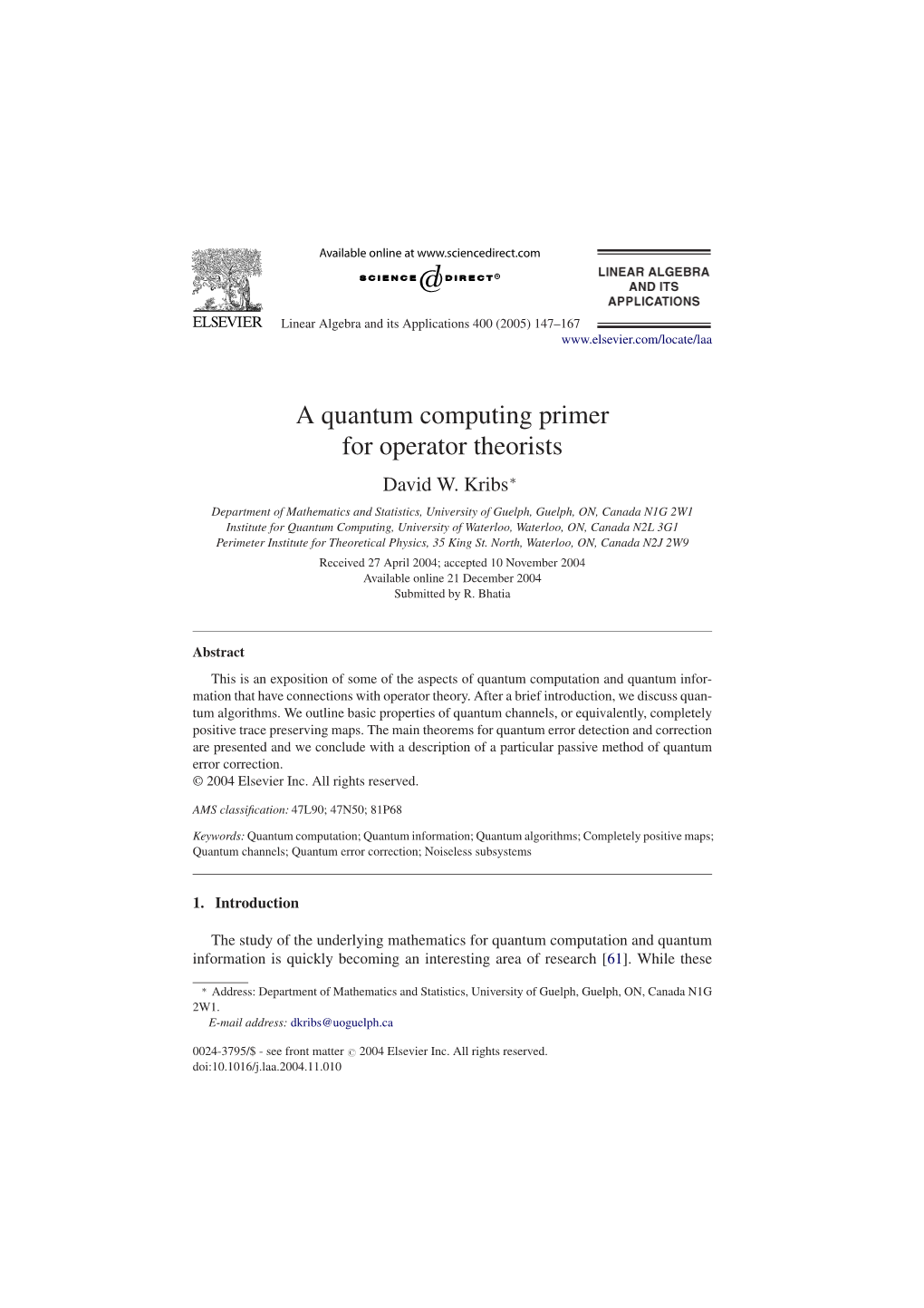 A Quantum Computing Primer for Operator Theorists David W