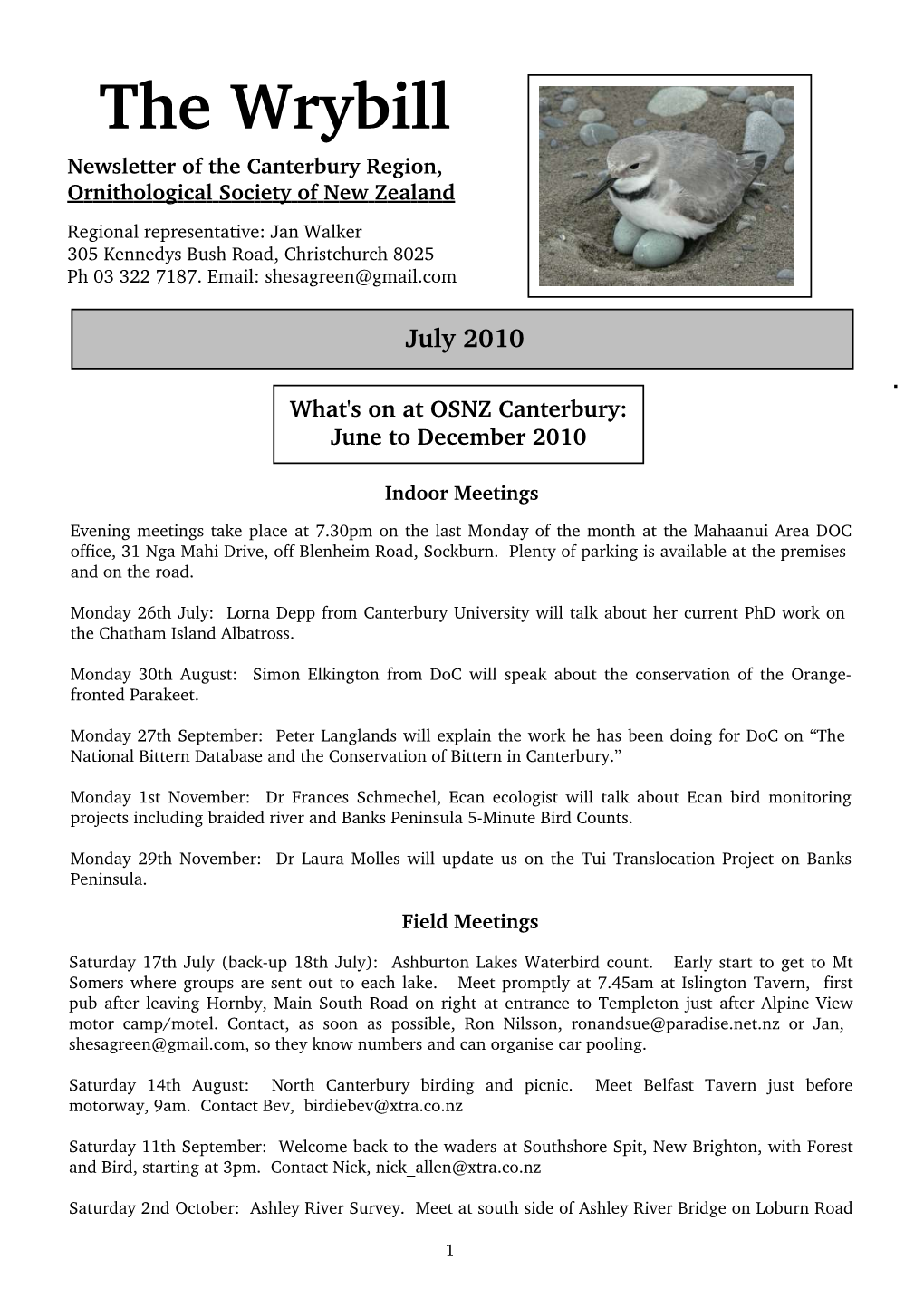 The Wrybill Newsletter of the Canterbury Region, Ornithological Society of New Zealand