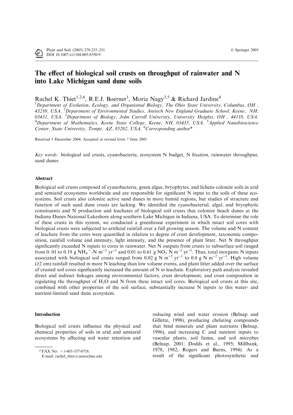 The Effect of Biological Soil Crusts on Rainwater And