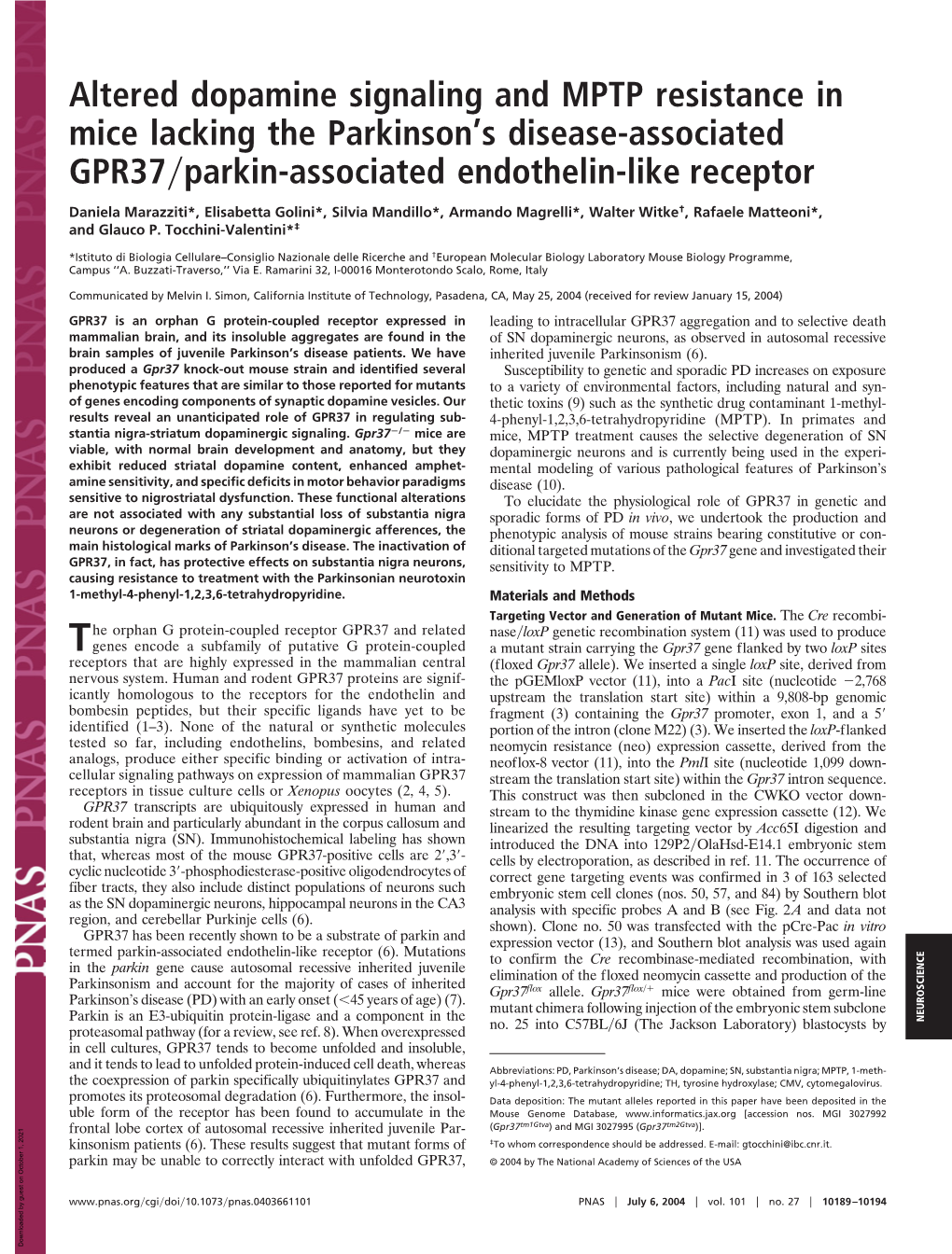 Altered Dopamine Signaling and MPTP Resistance in Mice Lacking the Parkinson's Disease-Associated GPR37 Parkin-Associated Endo