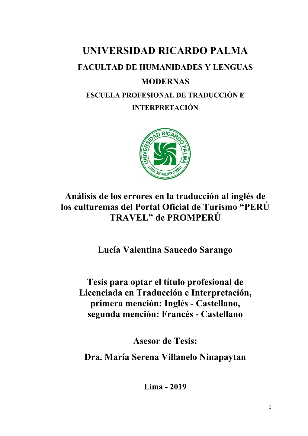 Universidad Ricardo Palma Facultad De Humanidades Y Lenguas Modernas Escuela Profesional De Traducción E Interpretación