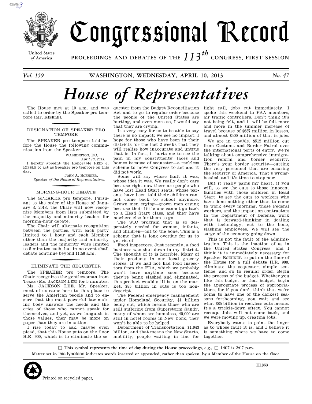 Congressional Record United States Th of America PROCEEDINGS and DEBATES of the 113 CONGRESS, FIRST SESSION