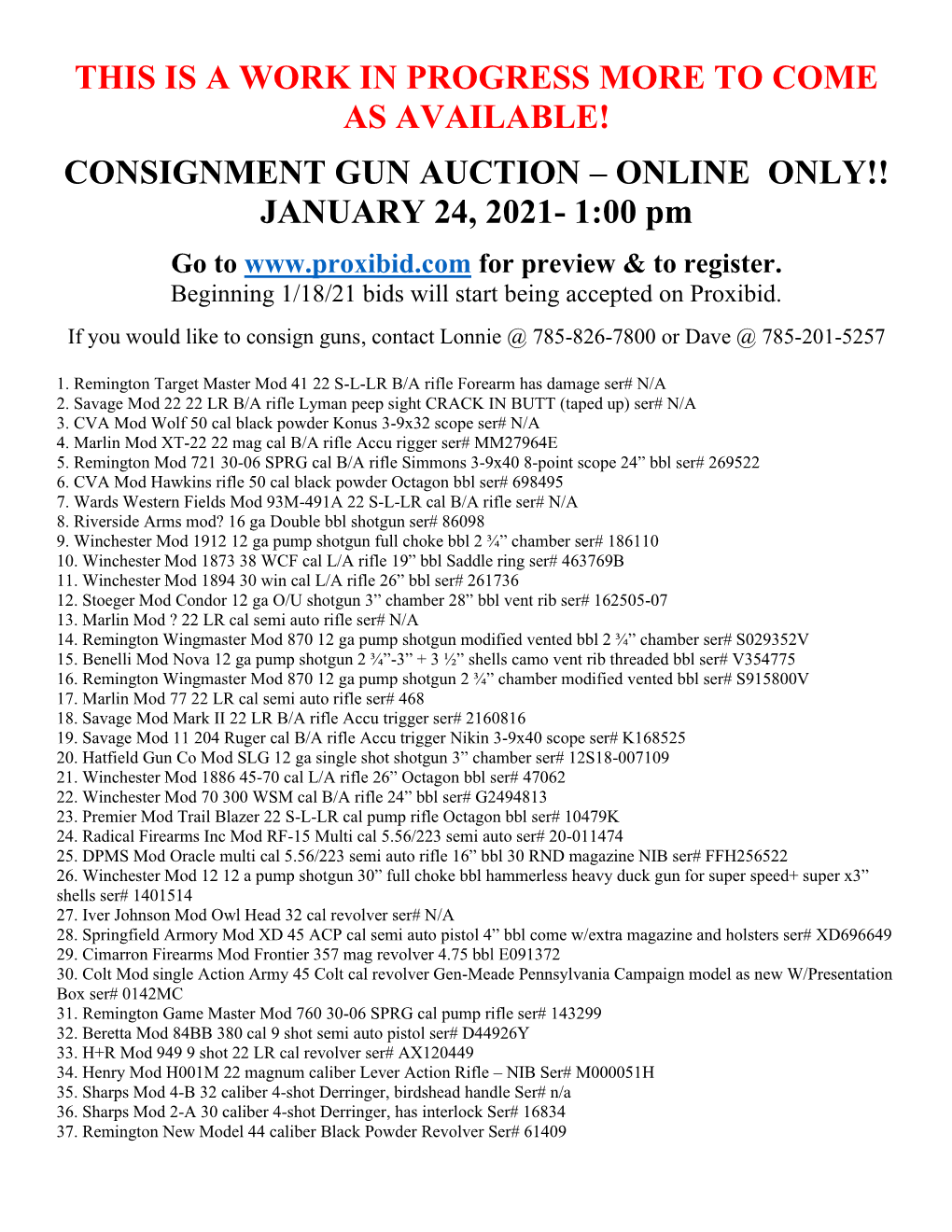 Consignment Gun Auction – Online Only!!