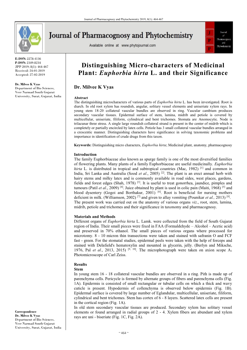 Distinguishing Micro-Characters of Medicinal Plant: Euphorbia Hirta L