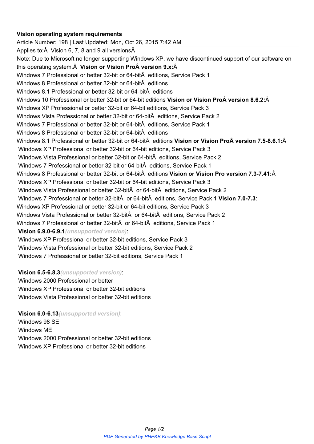 Vision Operating System Requirements