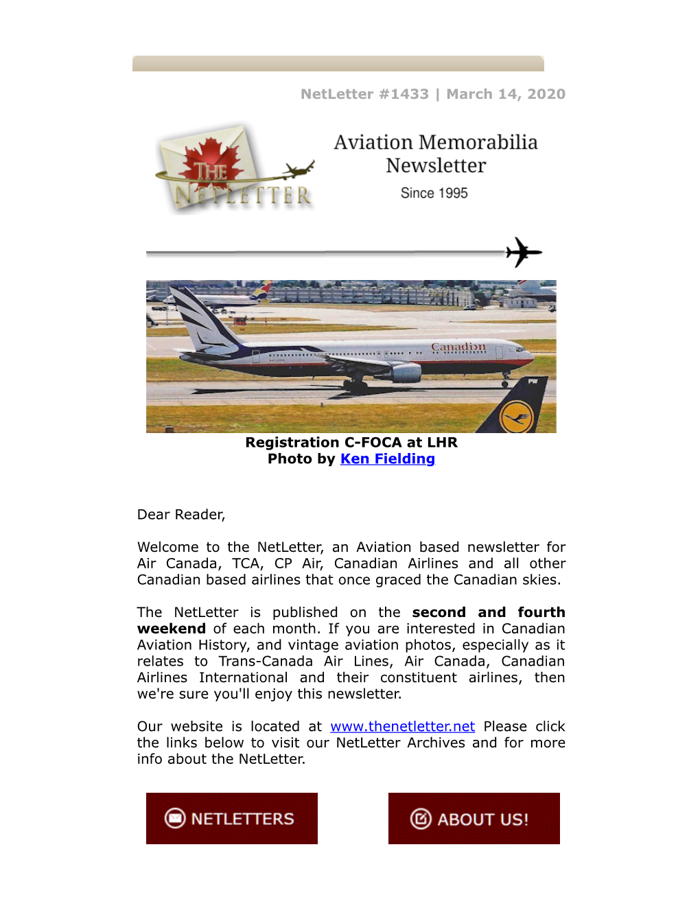 Netletter #1433 | March 14, 2020 Registration C-FOCA at LHR Photo