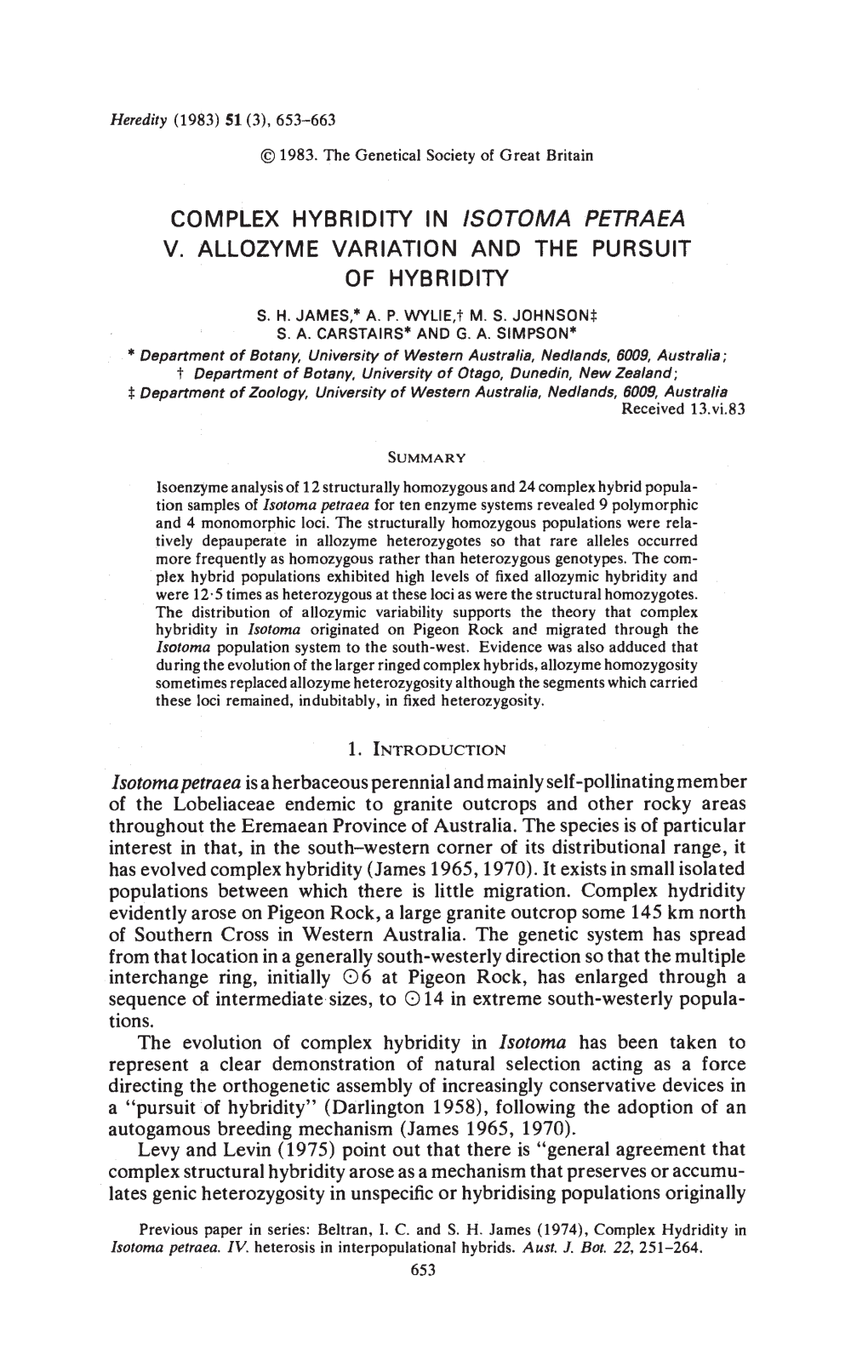 Complex Hybridity in Isotoma Petraea V. Allozyme