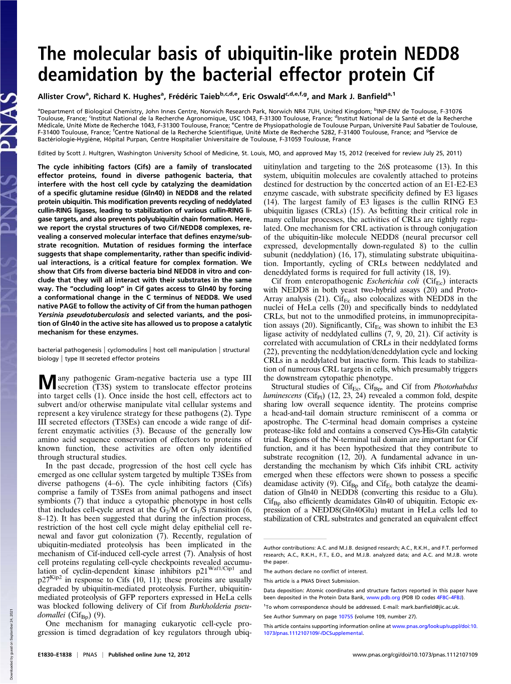 The Molecular Basis of Ubiquitin-Like Protein NEDD8 Deamidation by the Bacterial Effector Protein Cif