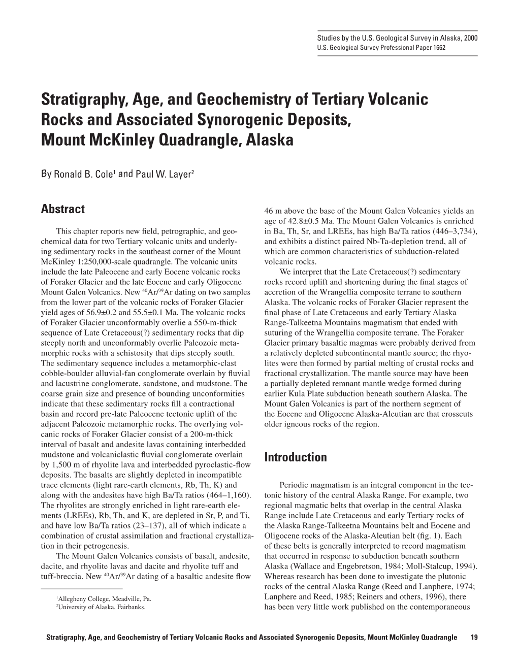 Stratigraphy, Age, and Geochemistry of Tertiary Volcanic Rocks and Associated Synorogenic Deposits, Mount Mckinley Quadrangle, Alaska