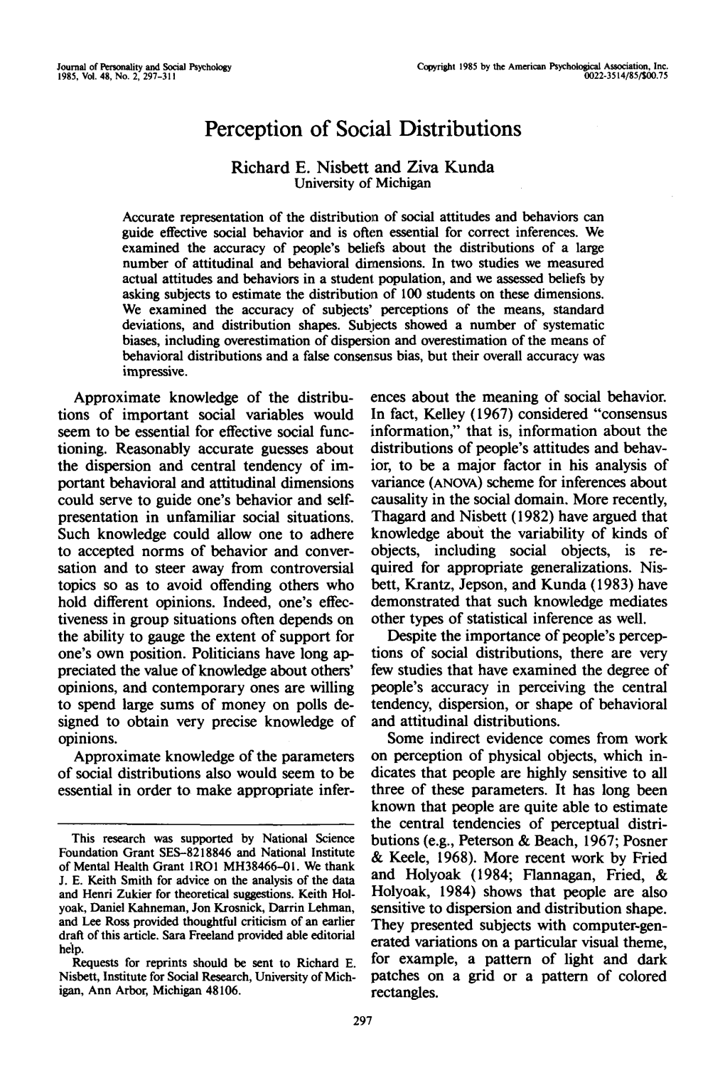 Perception of Social Distributions Richard E