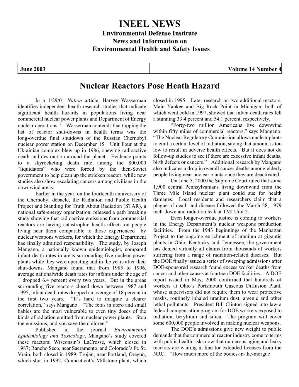 INEEL NEWS Environmental Defense Institute News and Information on Environmental Health and Safety Issues