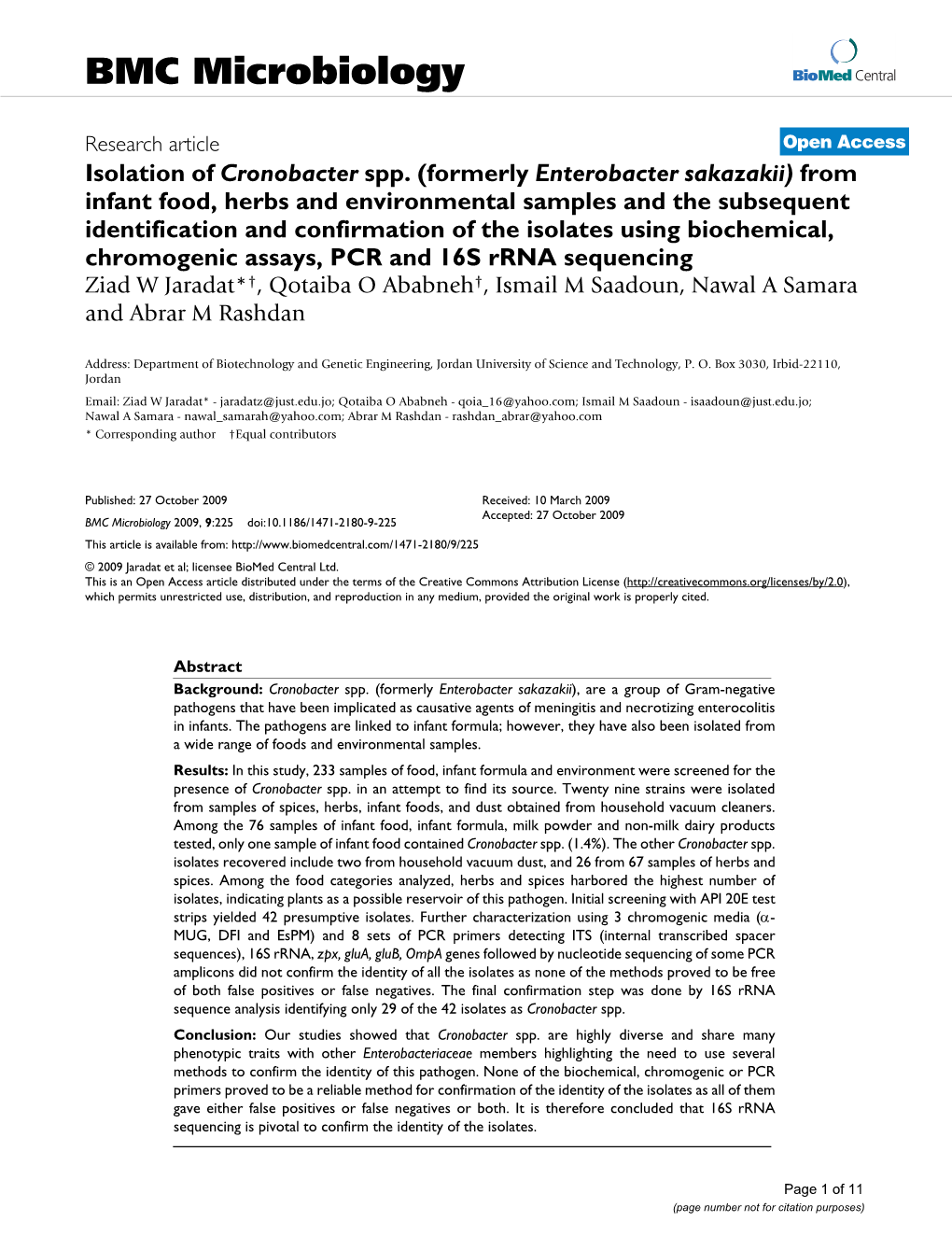 Isolation of Cronobacter Spp.(Formerly Enterobacter Sakazakii) from Infant