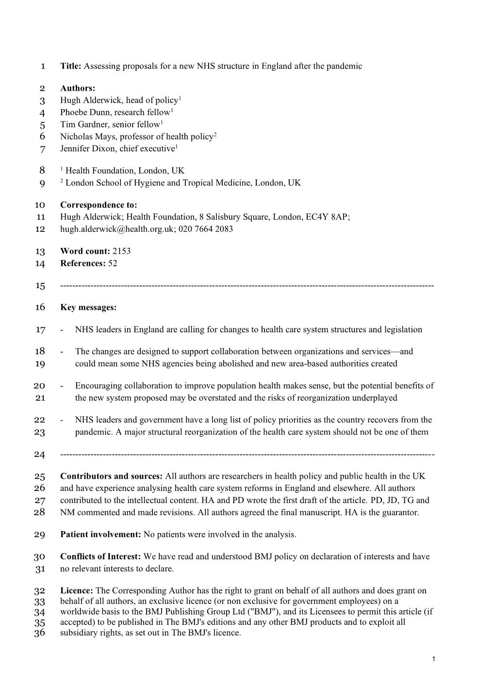 Title: Assessing Proposals for a New NHS Structure in England After the Pandemic