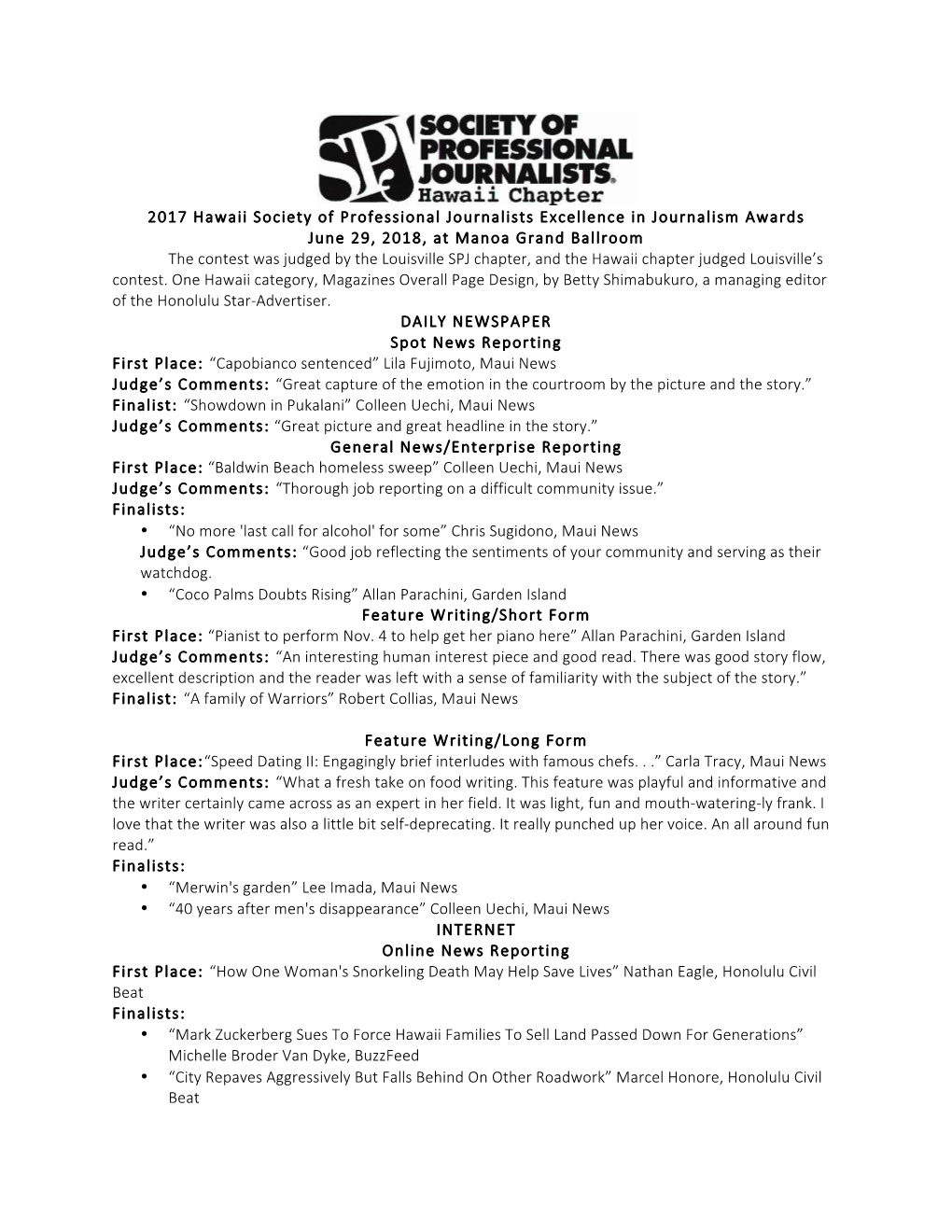 SPJ 2018 Final Judging Results