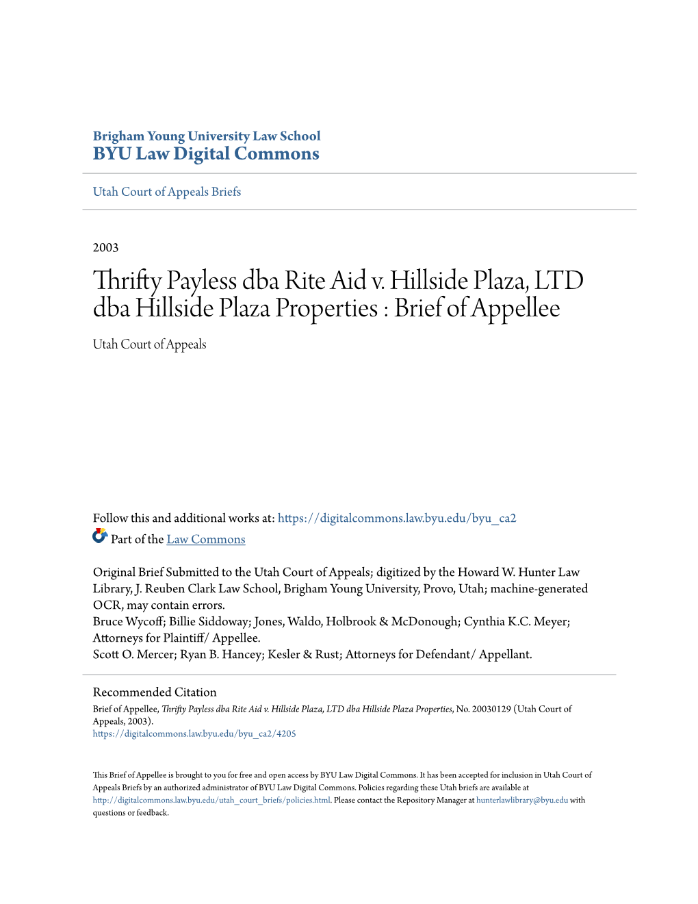 Thrifty Payless Dba Rite Aid V. Hillside Plaza, LTD Dba Hillside Plaza Properties : Brief of Appellee Utah Court of Appeals