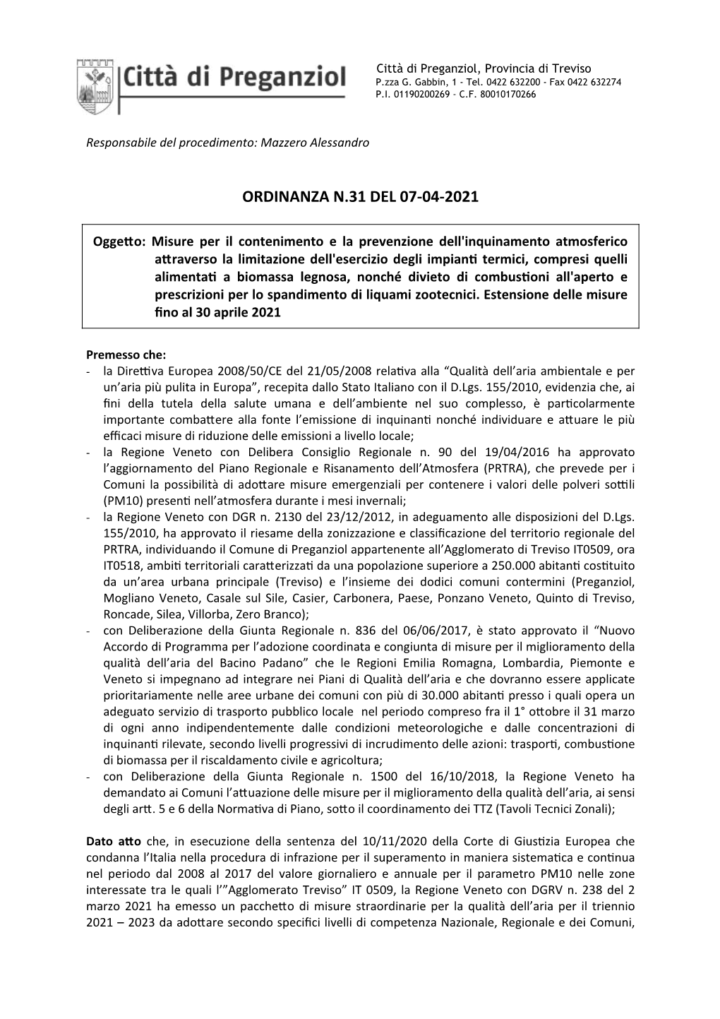 Ordinanza Antismog Combustioni 31/2021