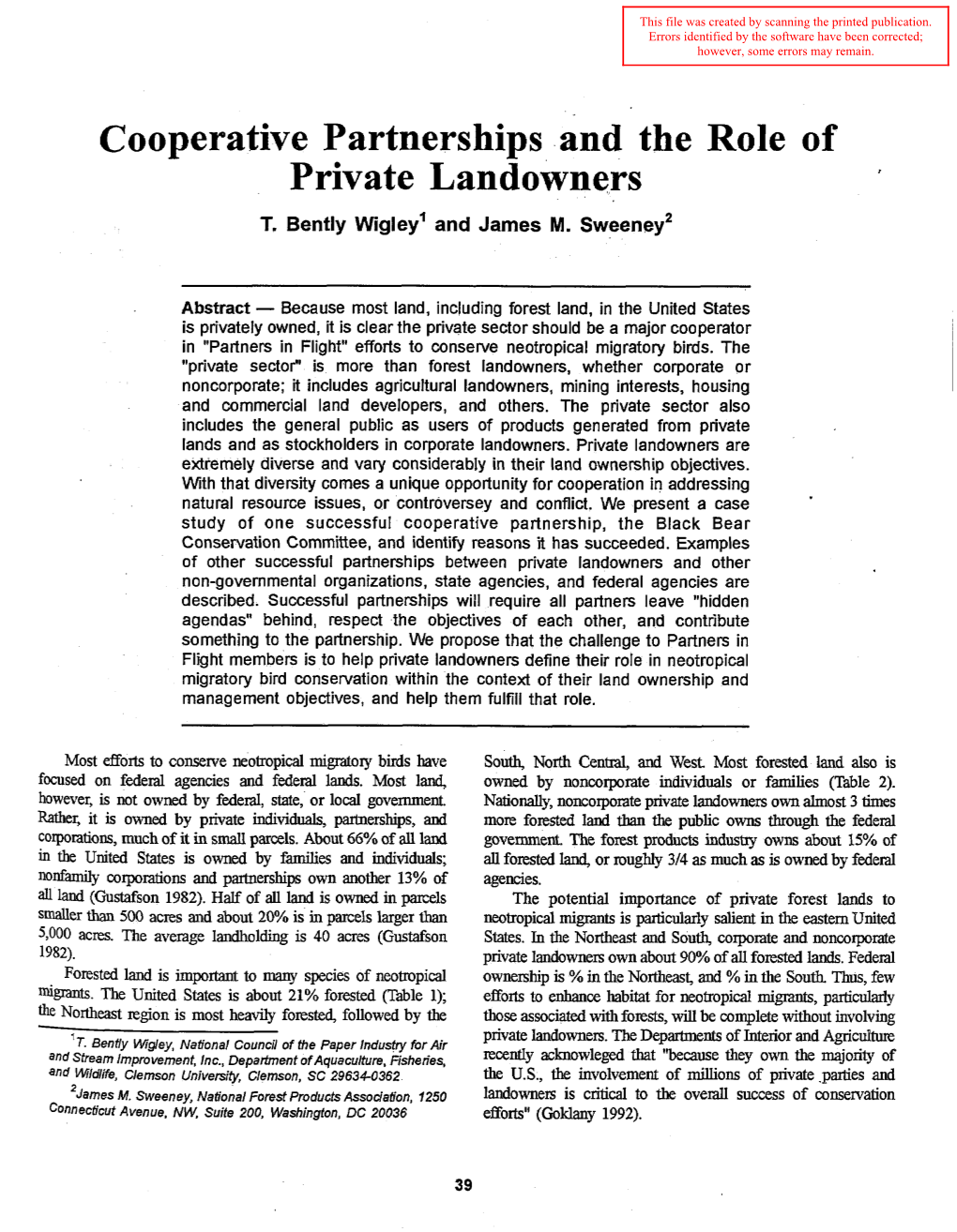 Cooperative Partnerships and the Role of Private Landowners T