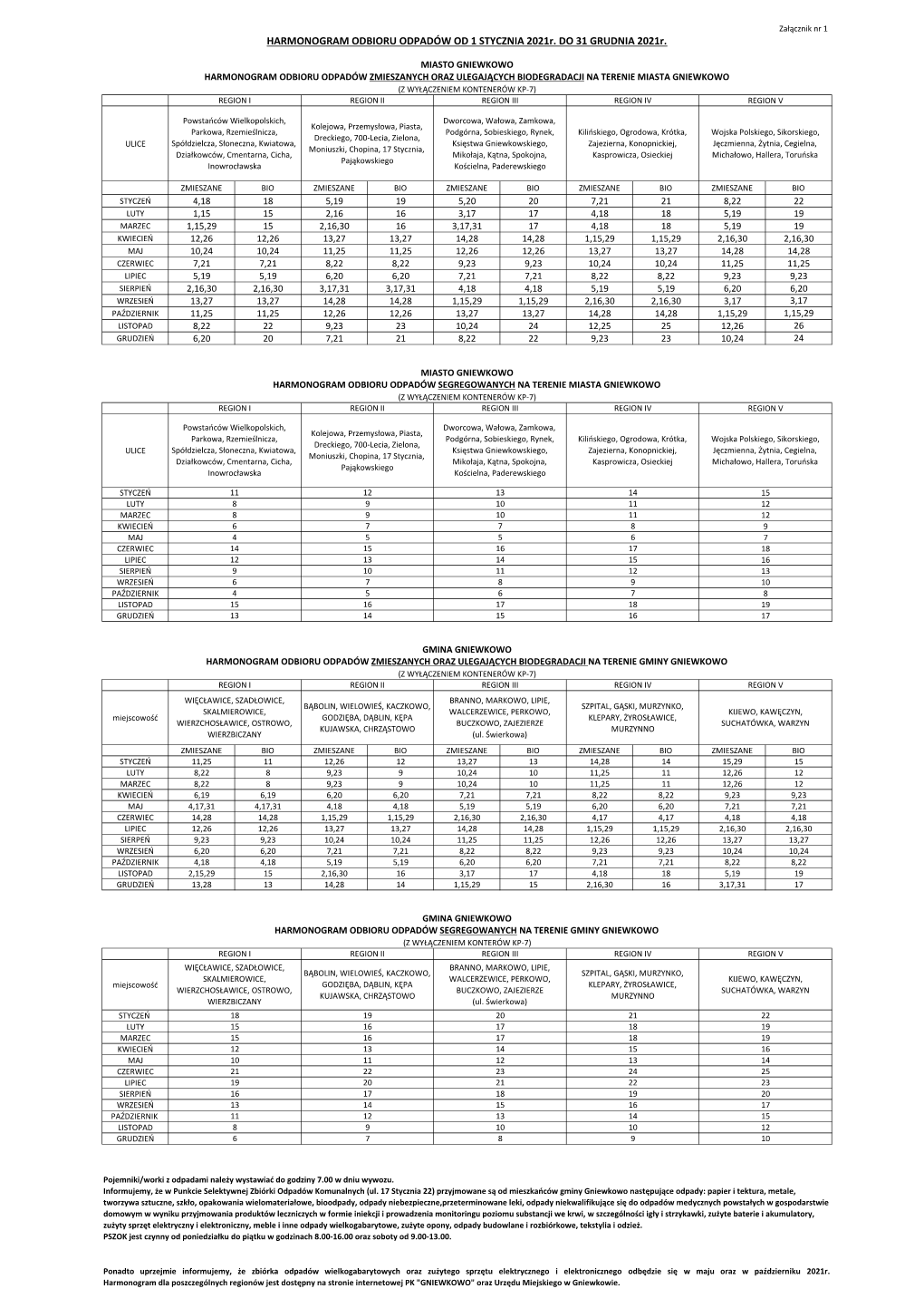HARMONOGRAM ODBIORU ODPADÓW OD 1 STYCZNIA 2021R