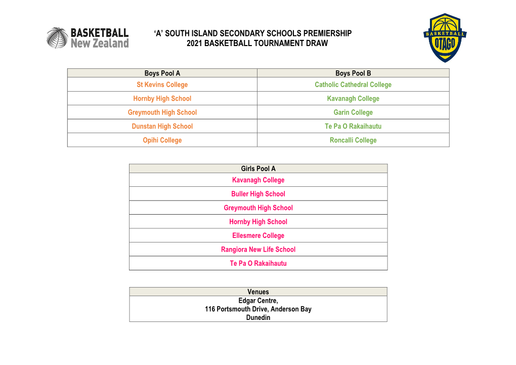 2021 'A' South Island Premierships Draw